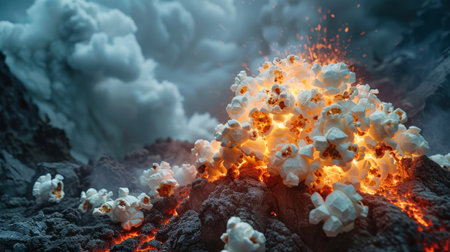 Volcano erupting with popcorn in a cinematic settingの素材