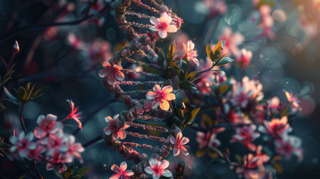 DNA helix twisting into a vine with blooming flowersの素材