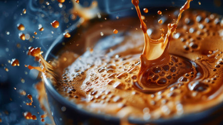 A splash of fresh cream swirling into a dark, rich cup of espressoの素材