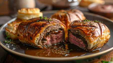 A plate of mini beef wellingtons with a side of rich gravyの素材