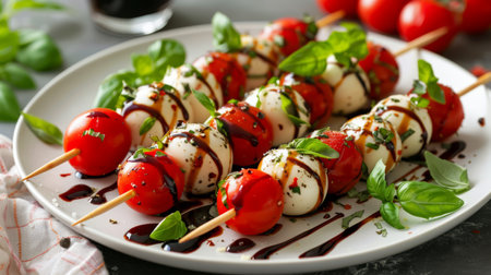 A plate of fresh Caprese salad skewers with balsamic glazeの素材