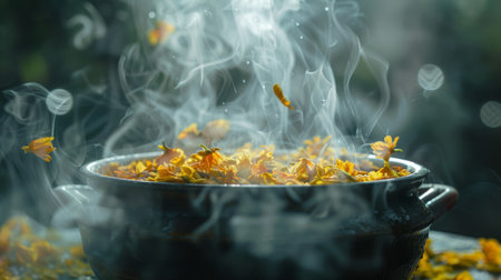 A steaming pot of aromatic herbal tea with loose leaves swirlingの素材
