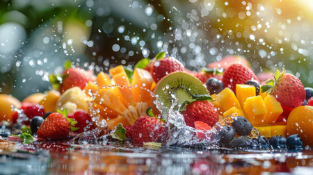 A vibrant display of exotic fruits being sliced and splashed with waterの素材