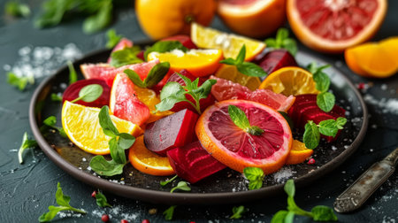 A plate of roasted beet and citrus salad with a citrus vinaigretteの素材