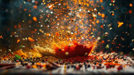 A vibrant explosion of assorted spices over a wooden tableの素材