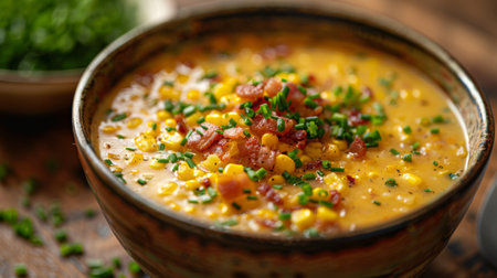 A bowl of corn chowder with bacon bits and chivesの素材
