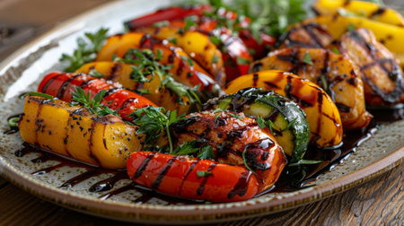 A plate of grilled vegetable platter with a balsamic reduction drizzleの素材