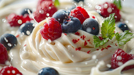 A whirlpool of yogurt with a cascade of mixed berries tumbling inの素材