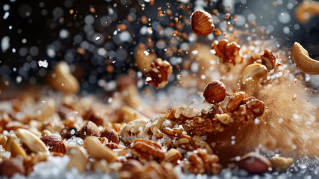 A tornado of mixed nuts swirling around, with a hint of salt in the airの素材