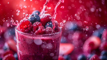 A vibrant splash of assorted berries being blended into a smoothieの素材