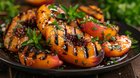 A plate of grilled peaches with honey and cinnamonの素材