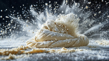 A whirl of dough being kneaded on a flour-dusted surfaceの素材