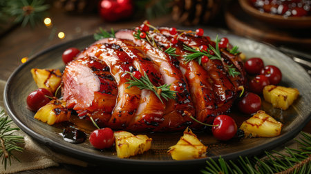 A plate of honey-glazed ham with pineapple and cherriesの素材