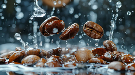 Freshly roasted coffee beans tumbling down with a splash of hot waterの素材