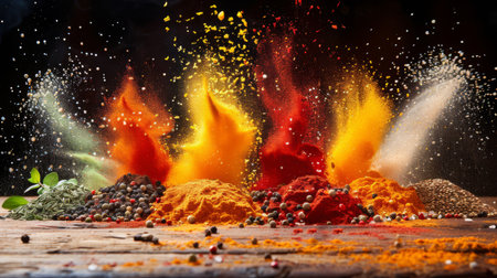 An explosion of colorful spices creating a vibrant cloud over a wooden tableの素材