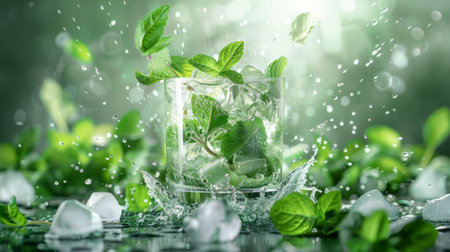 A whirlwind of fresh mint leaves swirling around a frosty mojito glassの素材