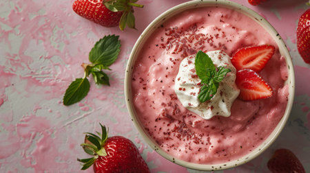 A bowl of chilled strawberry soup with a dollop of crÃ¨me fraÃ®cheの素材
