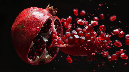 A juicy pomegranate being opened, with seeds bursting outの素材
