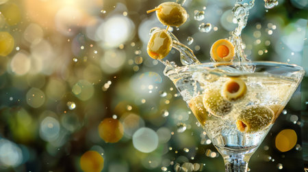 A glass of dirty martini with olives and a splashの素材