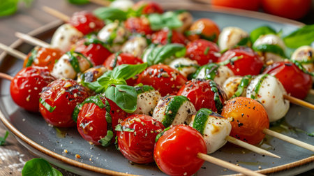 A plate of Caprese skewers with cherry tomatoes, mozzarella, and basilの素材