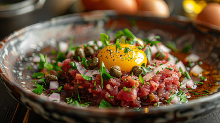 A plate of beef tartare with capers, onion, and an egg yolkの素材