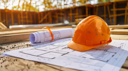 Architect's blueprints and hardhat on a construction siteの素材