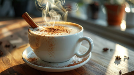A steaming cup of chai latte with a cinnamon stick garnishの素材