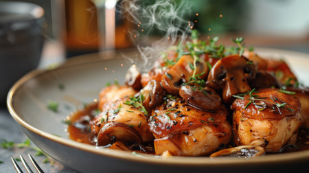 A steaming plate of chicken marsala with mushrooms and wine sauceの素材