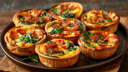 A platter of mini quiches with spinach, bacon, and cheeseの素材