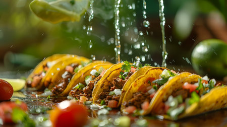 A refreshing spritz of lime juice being squeezed over a tacoの素材