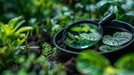 Botanist's magnifying glass and plant samples in a lush forestの素材