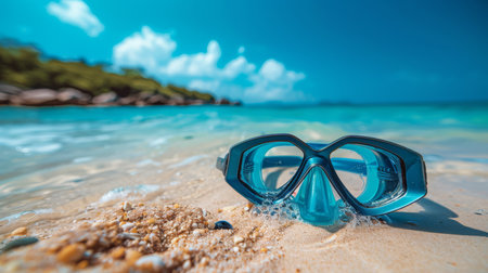 Diver's mask and fins on a sandy beach with clear blue waterの素材