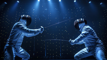 A fencing duel showing a fencer scoring a hit, with the tip of the sword illuminatedの素材