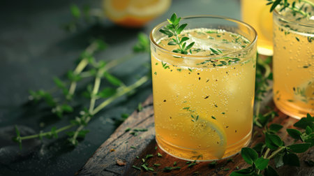 A refreshing glass of thyme-infused lemonade with a thyme sprigの素材