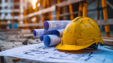 Architect's blueprints and hardhat on a construction siteの素材