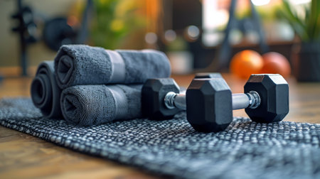 A fitness band, dumbbells, and a towel in a gym settingの素材