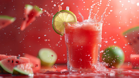 A refreshing glass of watermelon juice with a splash of limeの素材