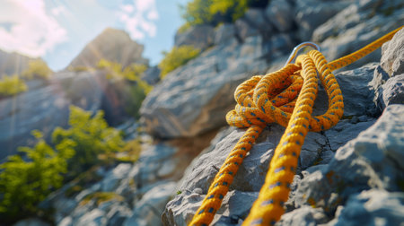 Climber's rope and harness on a towering rock faceの素材