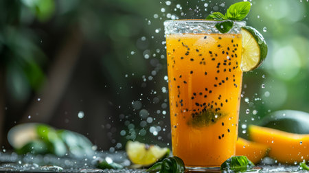 A refreshing glass of basil seed and mango juice with a splash of limeの素材