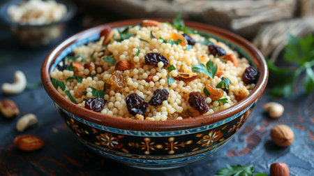 A vibrant bowl of Moroccan couscous with raisins and nutsの素材