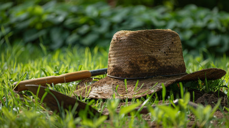 Farmer's hat and shovel in a lush, green fieldの素材