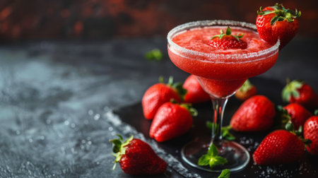A refreshing strawberry daiquiri with a sugar rim and a strawberry garnishの素材