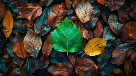 Fresh green leaf on a pile of autumn leaves, symbolizing renewalの素材