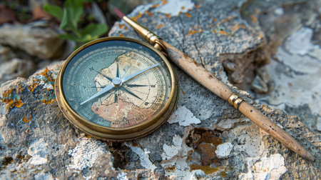 Archaeologist's brush and compass on an ancient ruin siteの素材