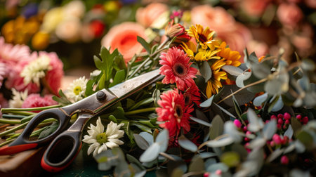 Florist's shears and bouquet on a floral arrangement tableの素材