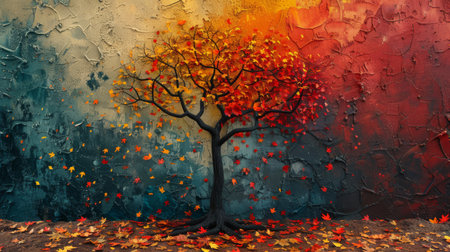 Colorful autumn leaves surrounding a stark, bare tree, depicting changeの素材