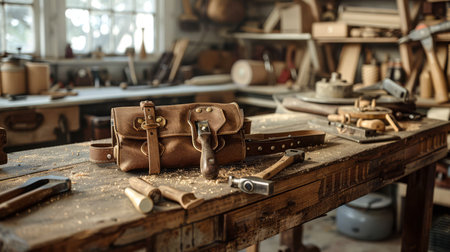 Carpenter's tool belt with hammer and saw on a workbenchの素材