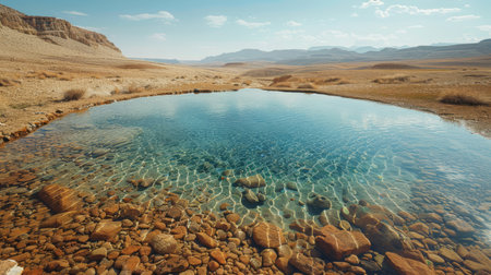 Crystal clear water juxtaposed with a barren desert, depicting scarcityの素材