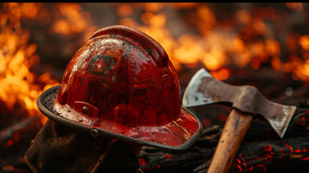 Firefighter's helmet and axe against a backdrop of flamesの素材