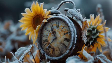 Frost-covered clock and wilted sunflowers, symbolizing fleeting timeの素材